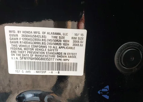 2016 Honda Pilot Touring from USA, damaged, VIN 5FNYF6H90GB035317